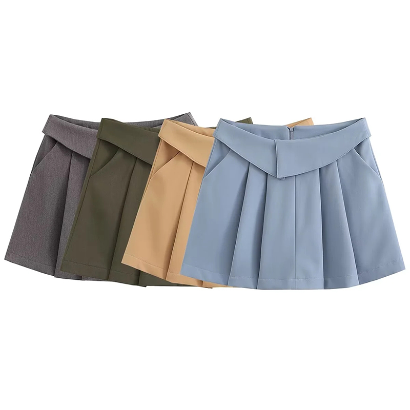 Fashion Grey Turn-up Wide Pleated Skirt  Polyester,Skirts