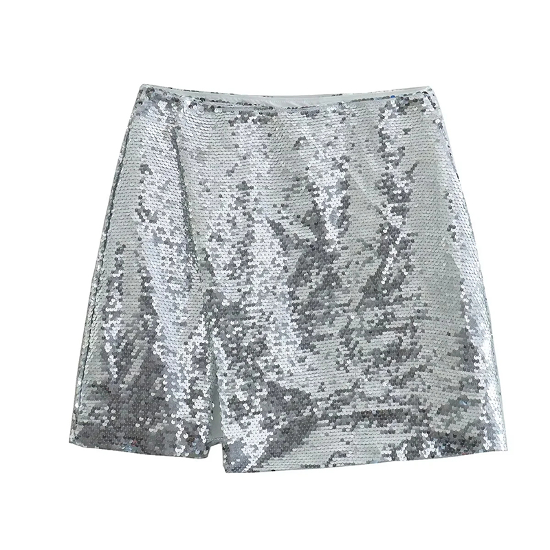 Fashion Silver White Polyester Sequined Slit Skirt  Polyester,Skirts