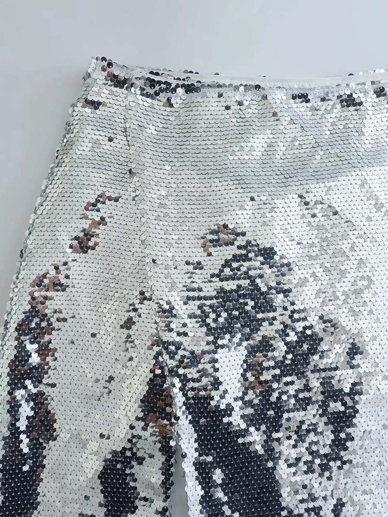 Fashion Silver White Polyester Sequined Slit Skirt  Polyester,Skirts