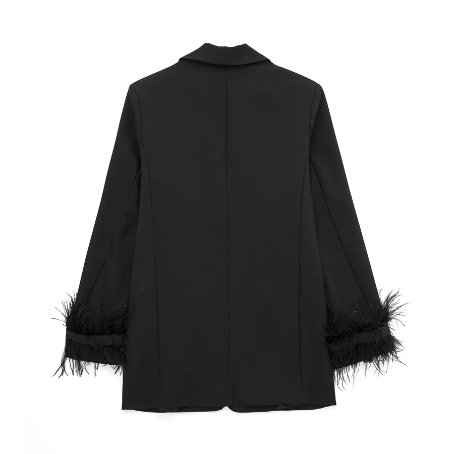 Fashion Black Feather-blend One-button Blazer With Cuffs  Blended,Coat-Jacket