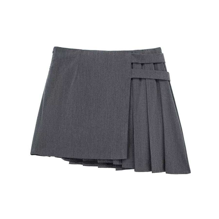 Fashion Grey Blended Wide Pleated Asymmetric Skirt  Blended,Skirts