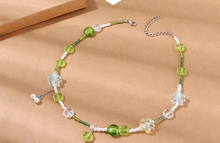 Fashion Green Resin Flower Glass Beads Pearl Beaded Necklace,Beaded Necklaces