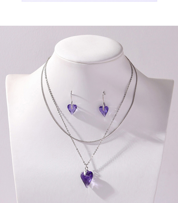 Fashion Blue Geometric Love Crystal Necklace Stud Earrings Set,Crystal Sets