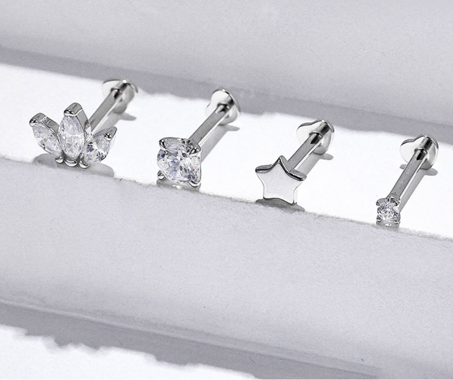 Fashion Silver 1#1.2*8mm Silver And Diamond Geometric Piercing Stud Earrings,Ear Cartilage Rings & Studs