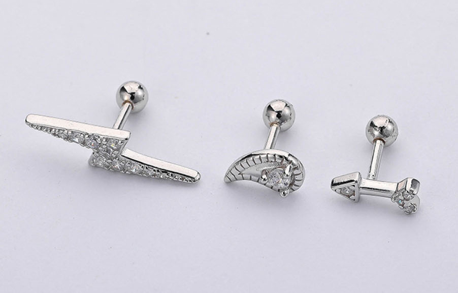Fashion 1# Silver Silver And Diamond Geometric Piercing Stud Earrings,Ear Cartilage Rings & Studs