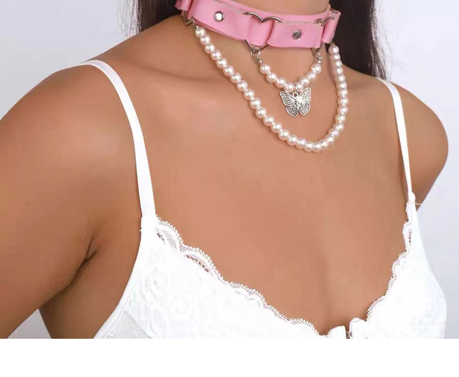 Fashion Pink Pu Leather Bow Pearl Necklace,Chokers