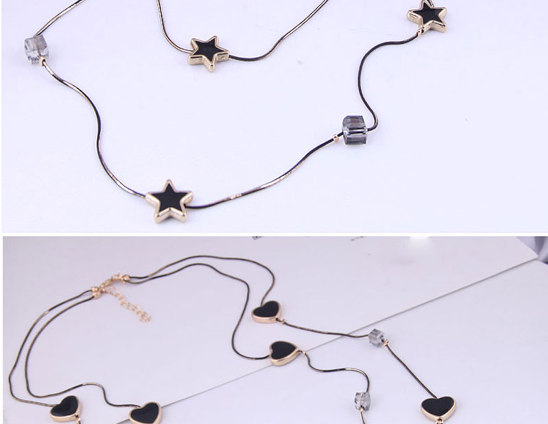 Fashion Pentagram Alloy Geometric Square Glass Pentagon Double Layer Necklace,Multi Strand Necklaces