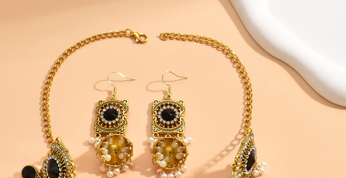 Fashion Gold Alloy Diamond And Pearl Earrings Necklace Set,Jewelry Sets