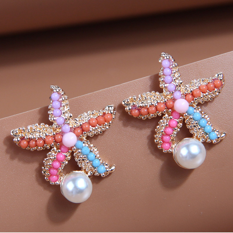 Fashion Color Alloy Bead And Diamond Starfish Stud Earrings,Stud Earrings