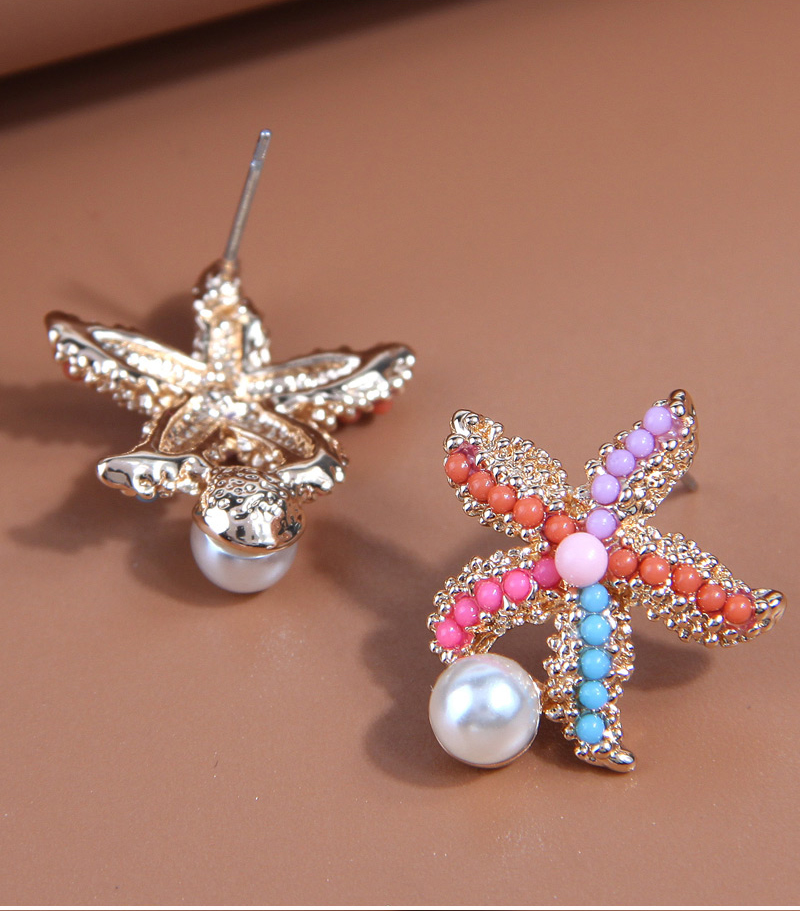 Fashion Color Alloy Bead And Diamond Starfish Stud Earrings,Stud Earrings