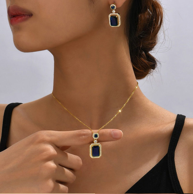 Fashion Black Zirconia Square Necklace And Earrings Set In Copper,Jewelry Set