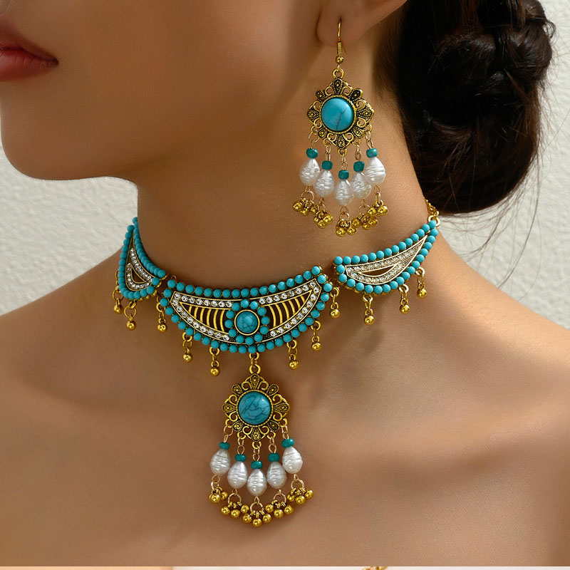 Fashion Gold Alloy Geometric Blue Pine Necklace And Earrings Set,Earrings set