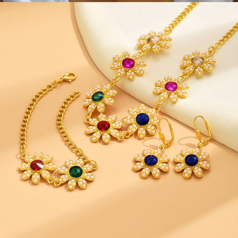 Fashion Gold Alloy Diamond Flower Necklace Bracelet Earrings Set,Jewelry Sets