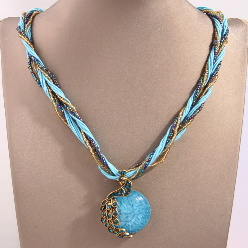 Fashion Gold Alloy Diamond Geometric Wrap Peacock Necklace,Pendants