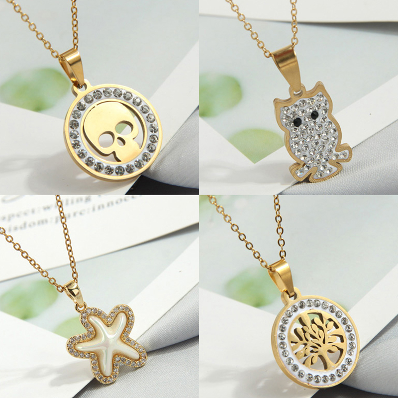 Fashion 10# Titanium Steel Diamond Owl Necklace,Necklaces