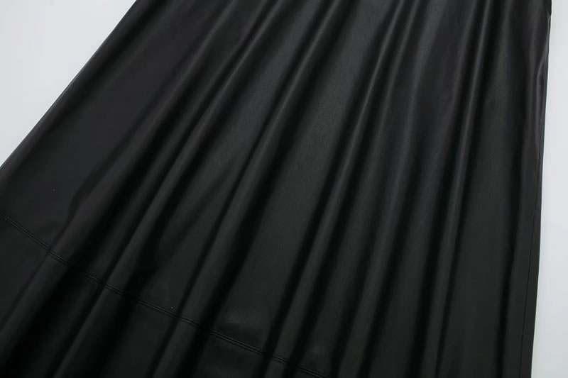 Fashion Black Leather Pleated Wide Hem Skirt,Skirts