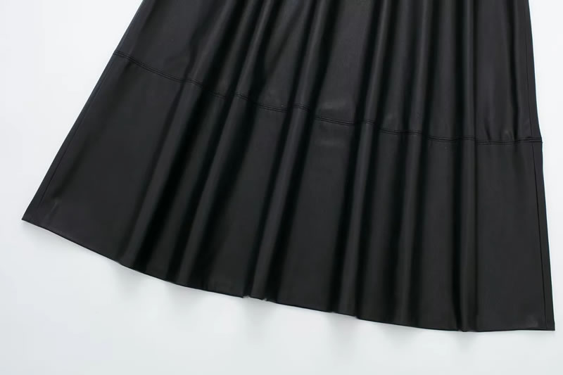 Fashion Black Leather Pleated Wide Hem Skirt,Skirts
