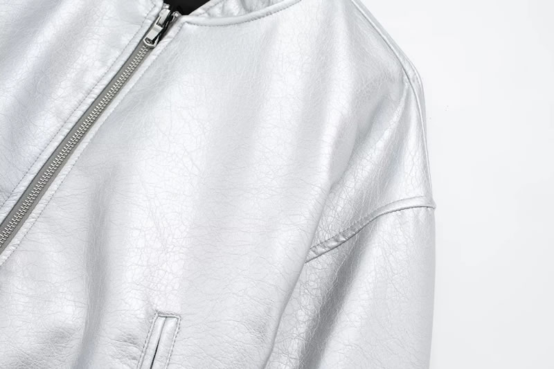 Fashion Silver Leather Stand Collar Zipper Jacket,Coat-Jacket