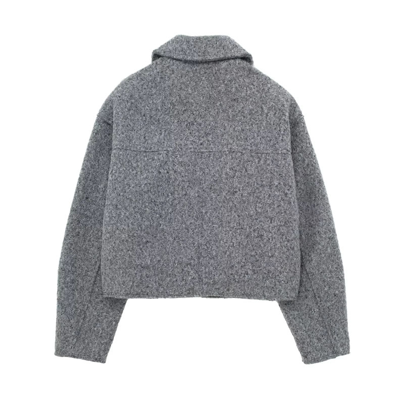 Fashion Grey Woolen Lapel Zipped Jacket,Coat-Jacket