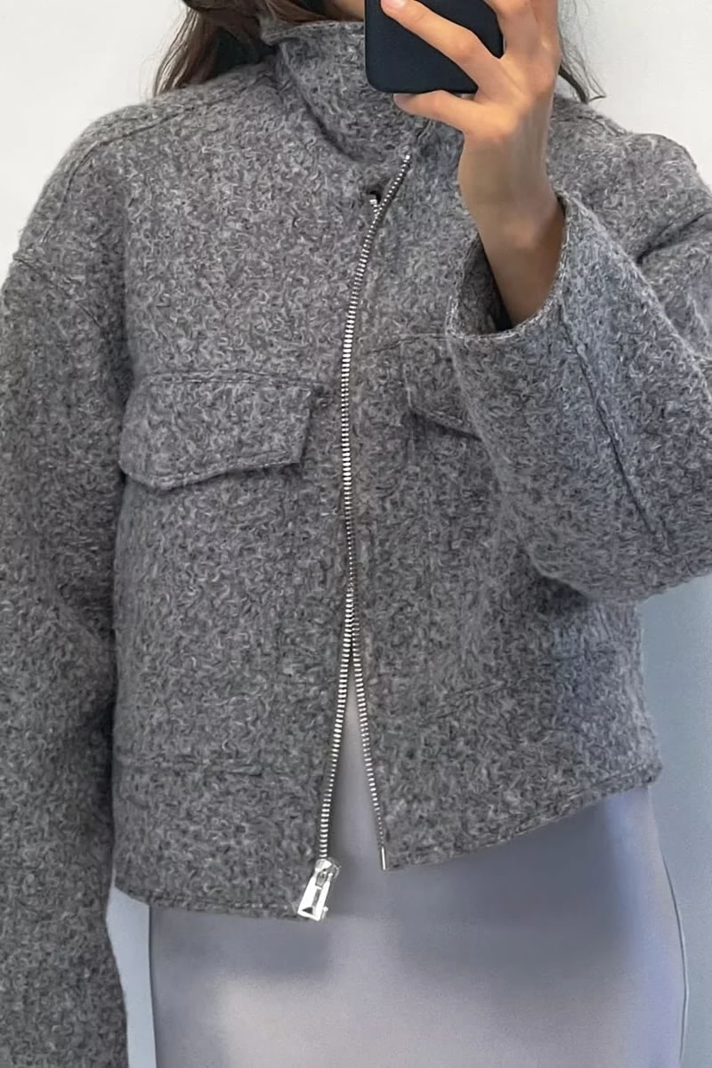 Fashion Grey Woolen Lapel Zipped Jacket,Coat-Jacket