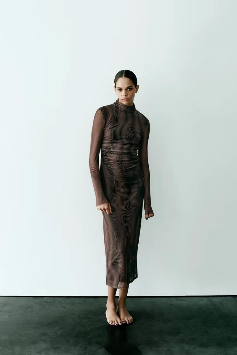 Fashion Brown Printed Tulle Dress,Long Dress