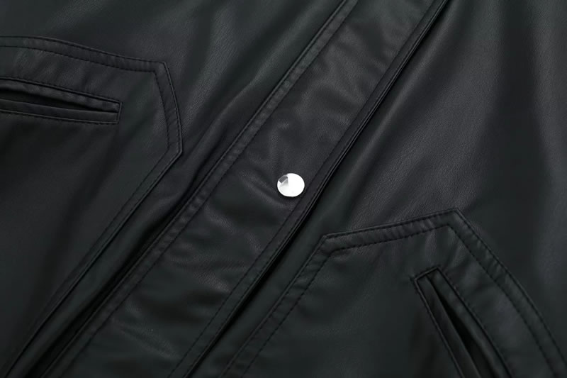 Fashion Black Leather Lapel Buttoned Jacket,Coat-Jacket