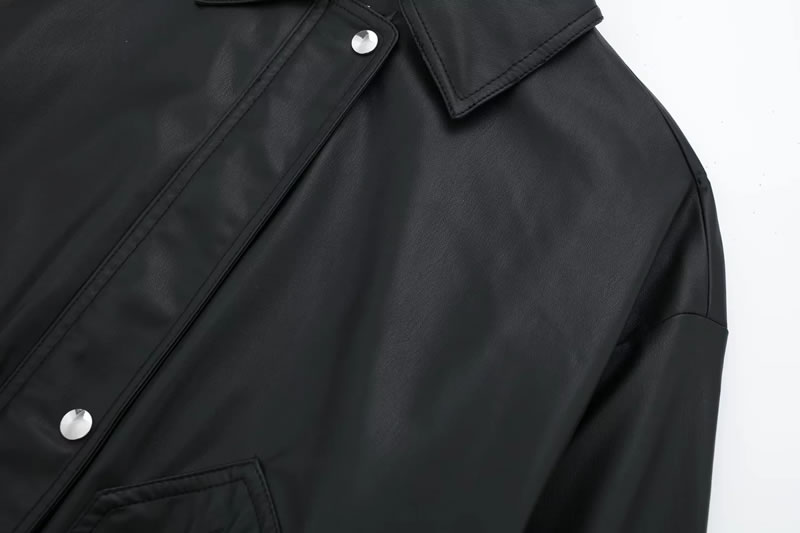 Fashion Black Leather Lapel Buttoned Jacket,Coat-Jacket