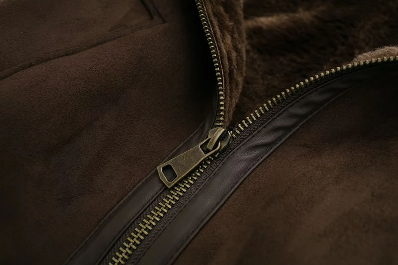Fashion Brown Fur Lapel Zipped Jacket,Coat-Jacket