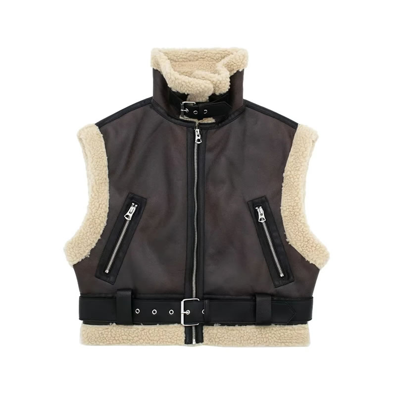 Fashion Photo Color Fur Integrated Lapel Zipped Vest Jacket,Coat-Jacket
