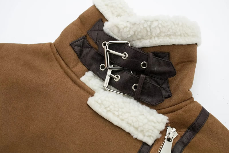 Fashion Khaki Fur Lapel Zipped Jacket,Coat-Jacket