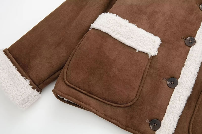 Fashion Brown Patch Pocket Plush Lapel Buttoned Jacket,Coat-Jacket