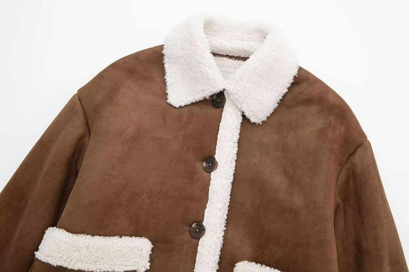 Fashion Brown Patch Pocket Plush Lapel Buttoned Jacket,Coat-Jacket