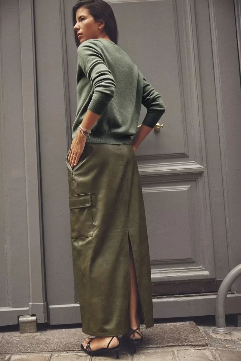 Fashion Green Faux Leather Work Skirt,Skirts