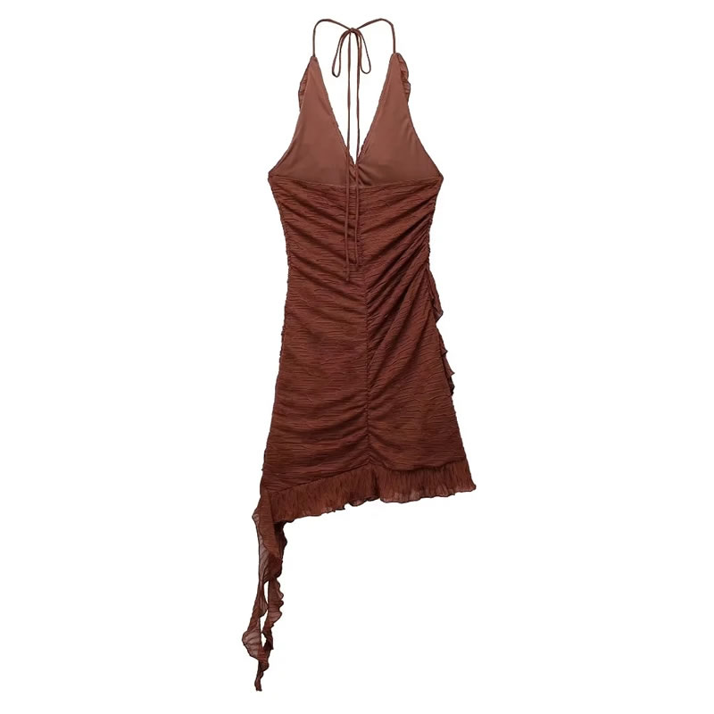 Fashion Brown Pleated Halter Neck Strappy Irregular Skirt,Skirts