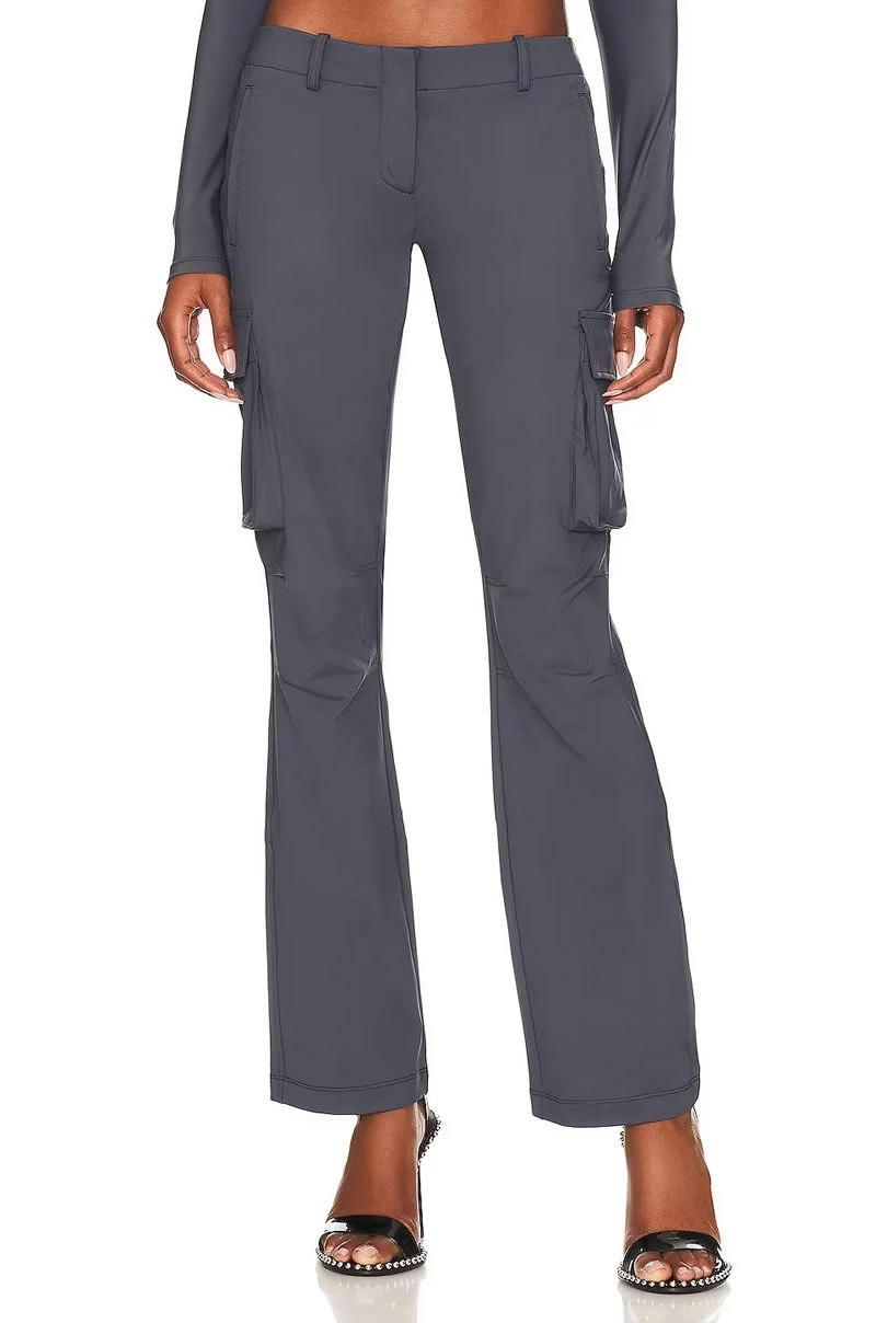 Fashion Gray Blue Low-rise Multi-pocket Straight-leg Trousers,Pants