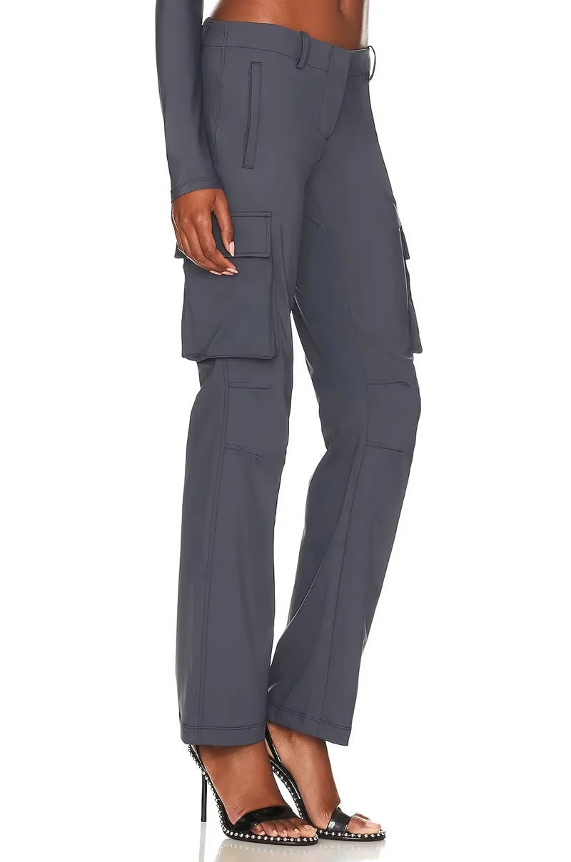 Fashion Gray Blue Low-rise Multi-pocket Straight-leg Trousers,Pants