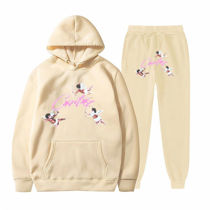 Fashion White + White Pants 2 Polyester Printed Hooded Sweatshirt + Tie-up Trousers,Hoodies