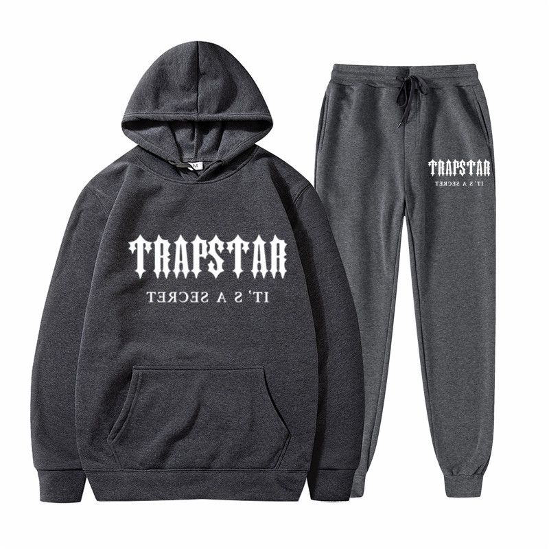 Fashion Dark Gray Clothes And Black Pants + Dark Gray Pants 2 Polyester Printed Hooded Sweatshirt + Tie-up Trousers,Hoodies