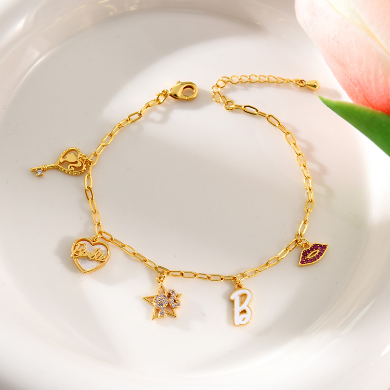 Fashion Gold Copper Inlaid Zircon Drop Oil Love Letters Five-pointed Star Bracelet,Bracelets