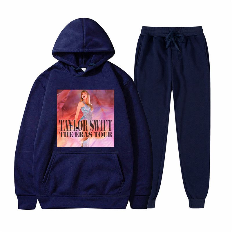 Fashion Navy Blue Polyester Printed Hooded Sweatshirt With Leggings And Trousers Set,Hoodies