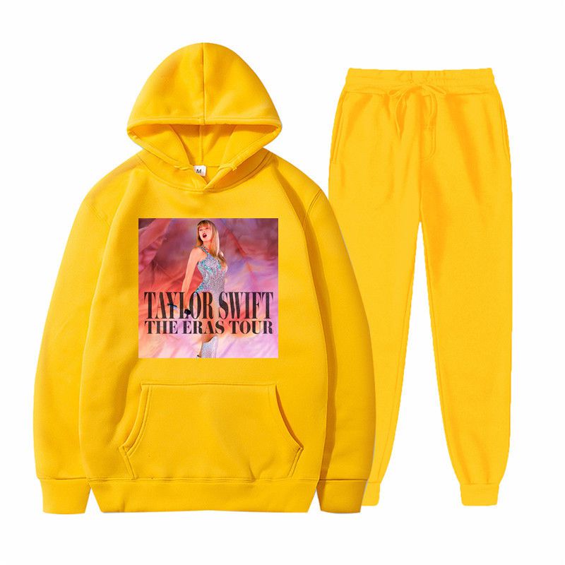 Fashion Yellow Clothes + Yellow Pants Polyester Printed Hooded Sweatshirt With Leggings And Trousers Set,Hoodies