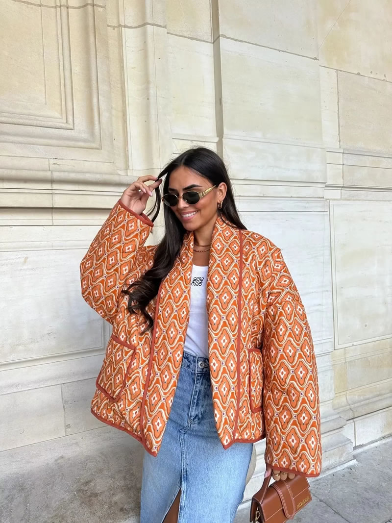 Fashion Orange Polyester Printed Long Sleeve Jacket,Coat-Jacket