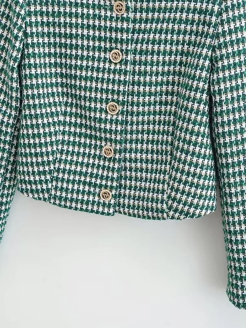 Fashion Green Cotton Houndstooth Buttoned Jacket,Coat-Jacket