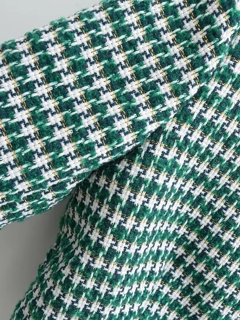 Fashion Green Cotton Houndstooth Buttoned Jacket,Coat-Jacket