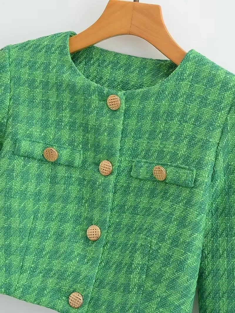 Fashion Green Polyester Houndstooth Buttoned Jacket,Coat-Jacket