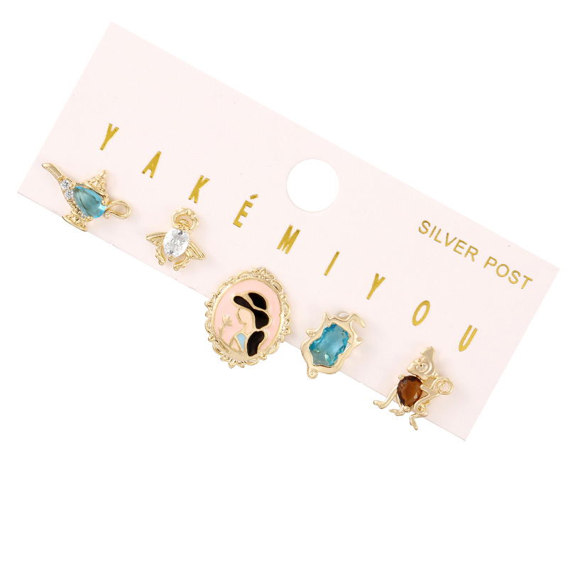 Fashion Gold Copper Inlaid Zircon Oil Dripping Cartoon Princess Pendant Earring Set Of 5 Pieces,Earring Set