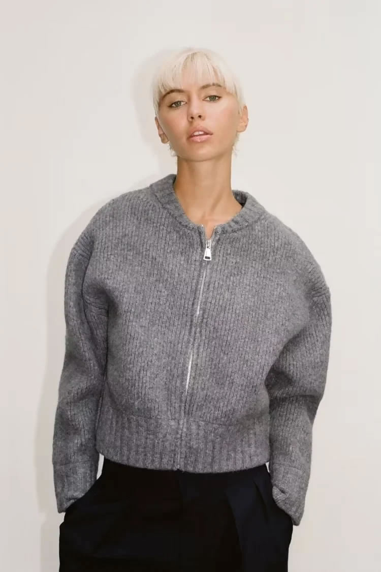 Fashion Grey Polyester Knit Zipper Jacket,Coat-Jacket