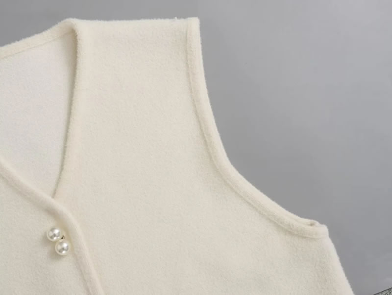 Fashion Beige Pearl Button Hemmed Vest Jacket,Coat-Jacket