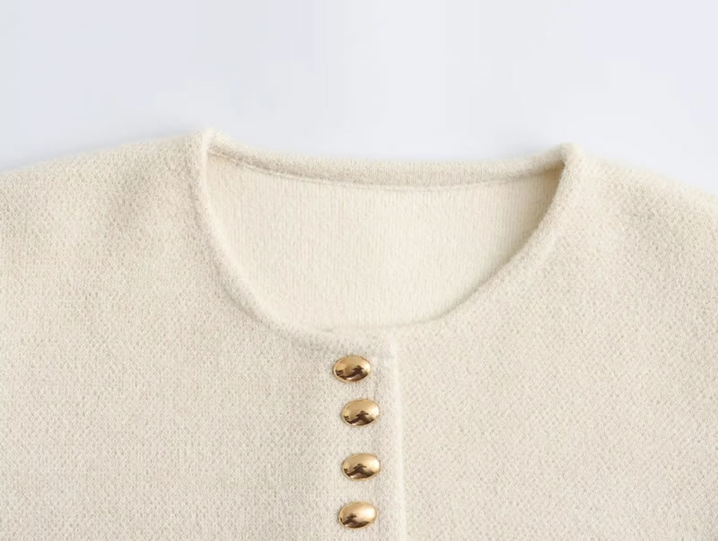 Fashion Beige Gold Button Round Neck Knitted Cardigan Jacket,Coat-Jacket