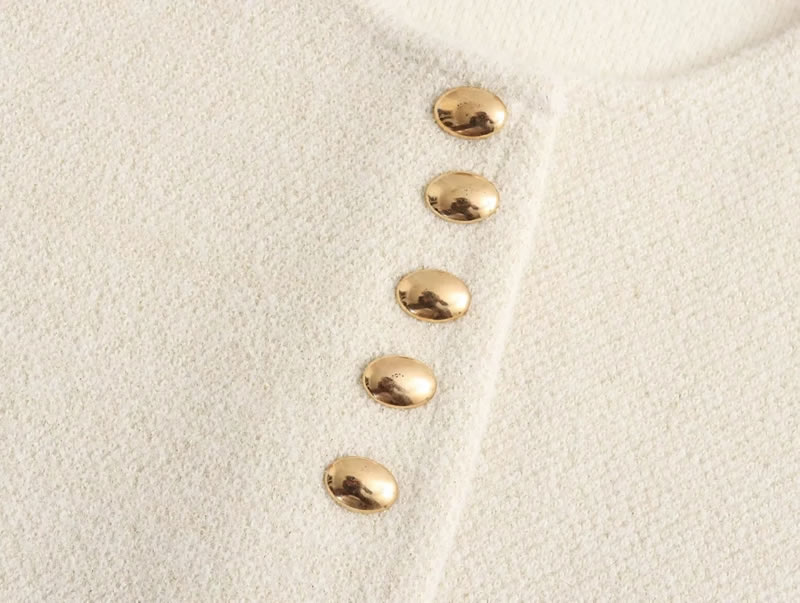 Fashion Beige Gold Button Round Neck Knitted Cardigan Jacket,Coat-Jacket